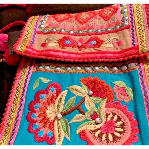 Curations Multi-Color Woven Embroidered Beaded Detail Tassel Pompoms Crossbody - Picture 2 of 5